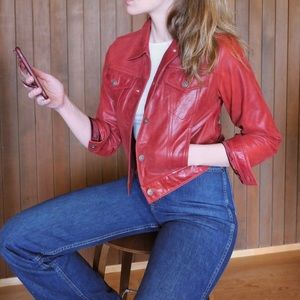 Vintage Cropped Red Leather Jacket